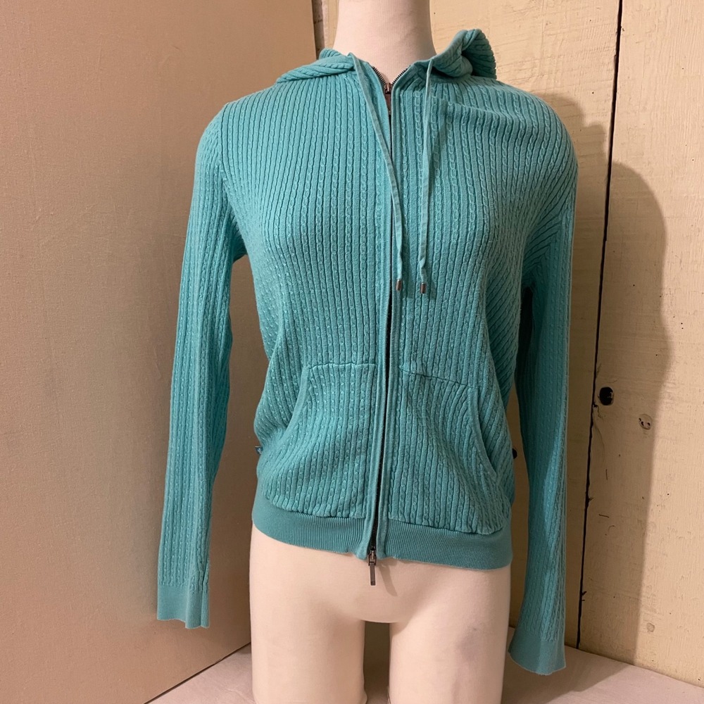 Lauren‎ Ralph Lauren Womens Large Turquoise Blue Cable Knit Cotton Zip Up Hoodie